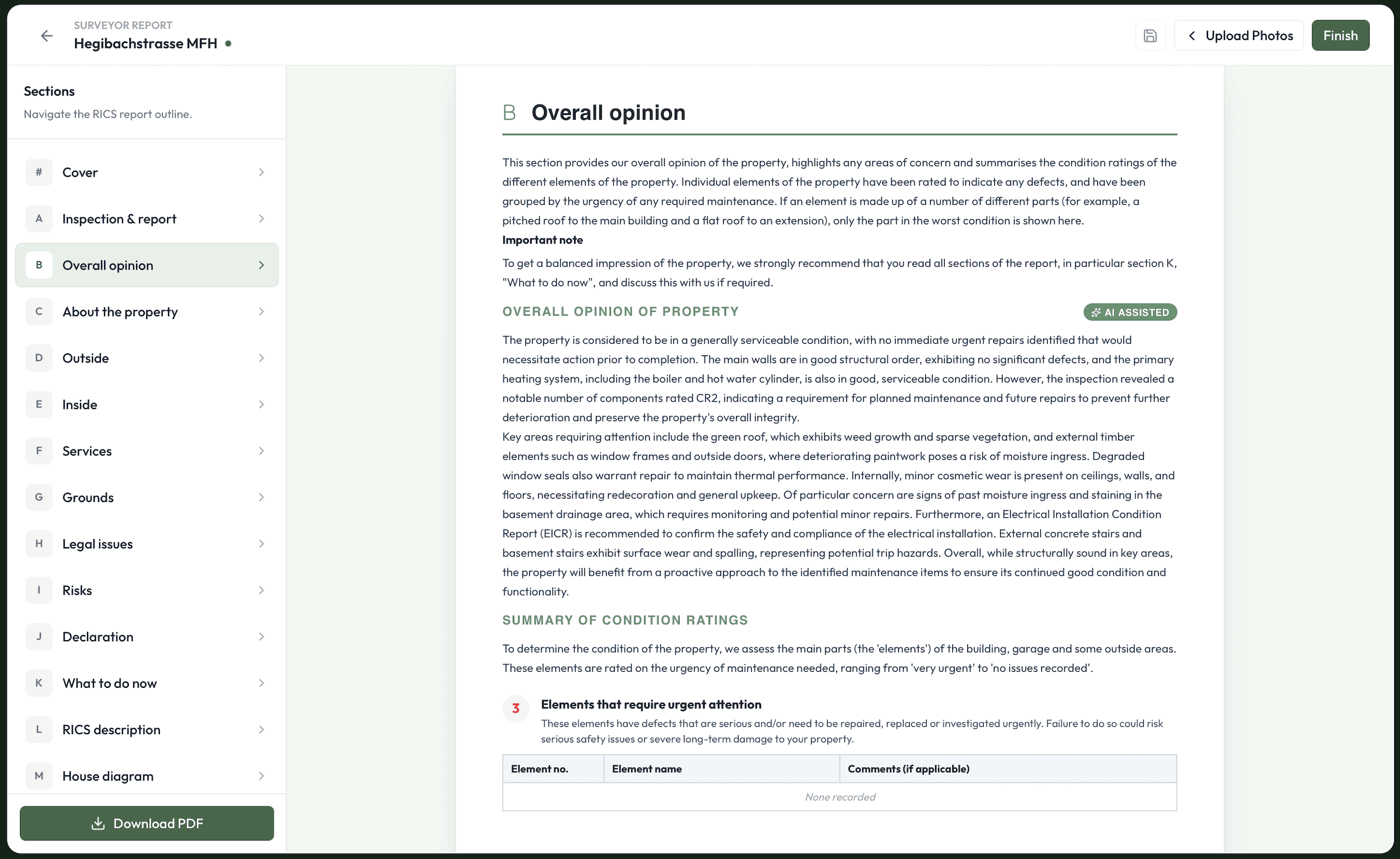 BIRD report showing overall opinion and condition ratings across components