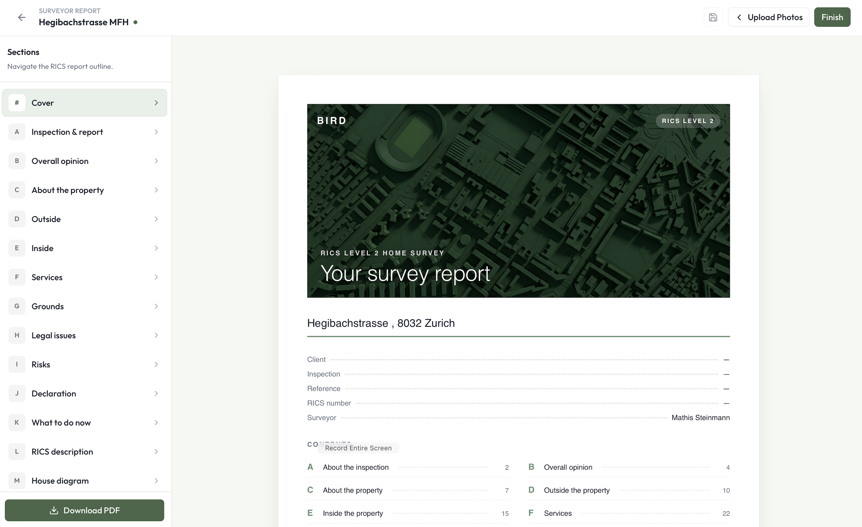 BIRD report outline with drafted content and PDF export.